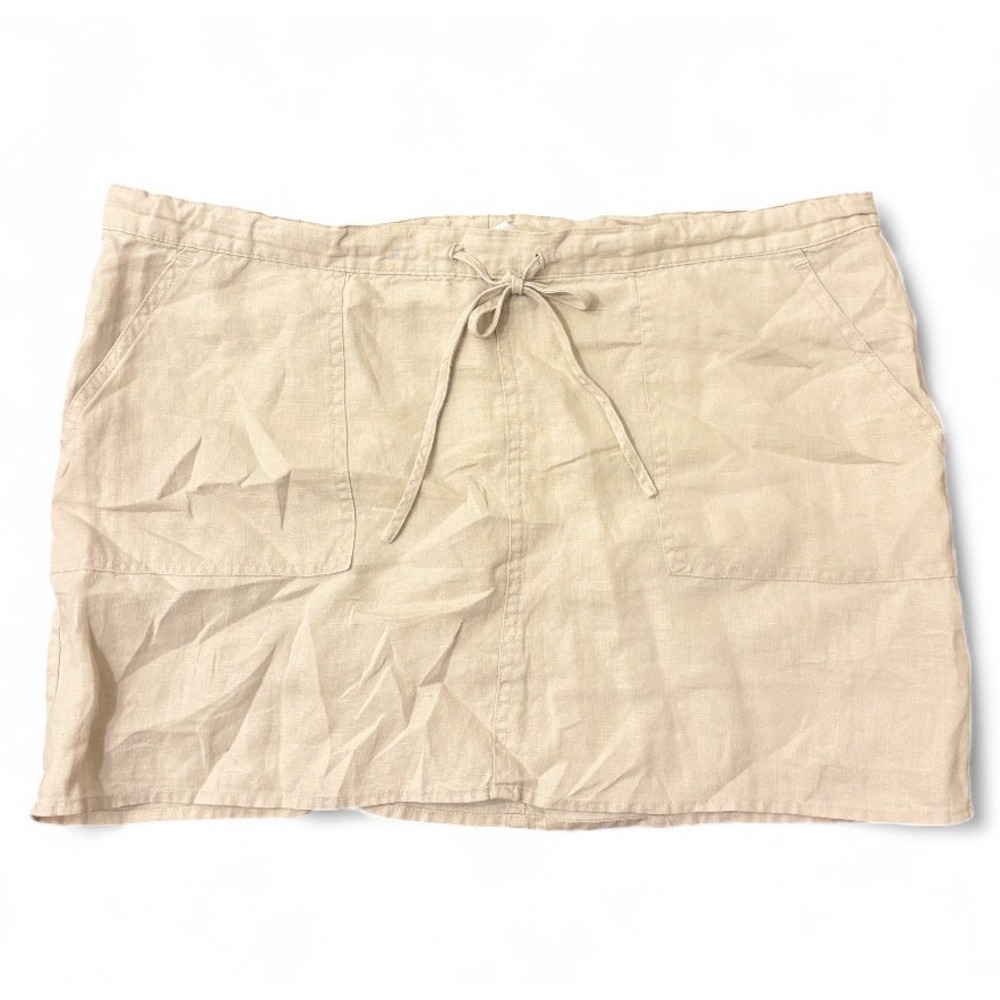 Y2K Tan Beige 100% Linen Mini Skirt Drawstring Waist Cargo Pockets Size M